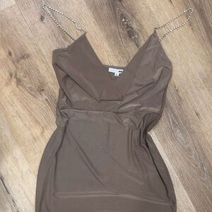 Fashion Nova Chain-Strap V-Neck Mini Dress in Taupe